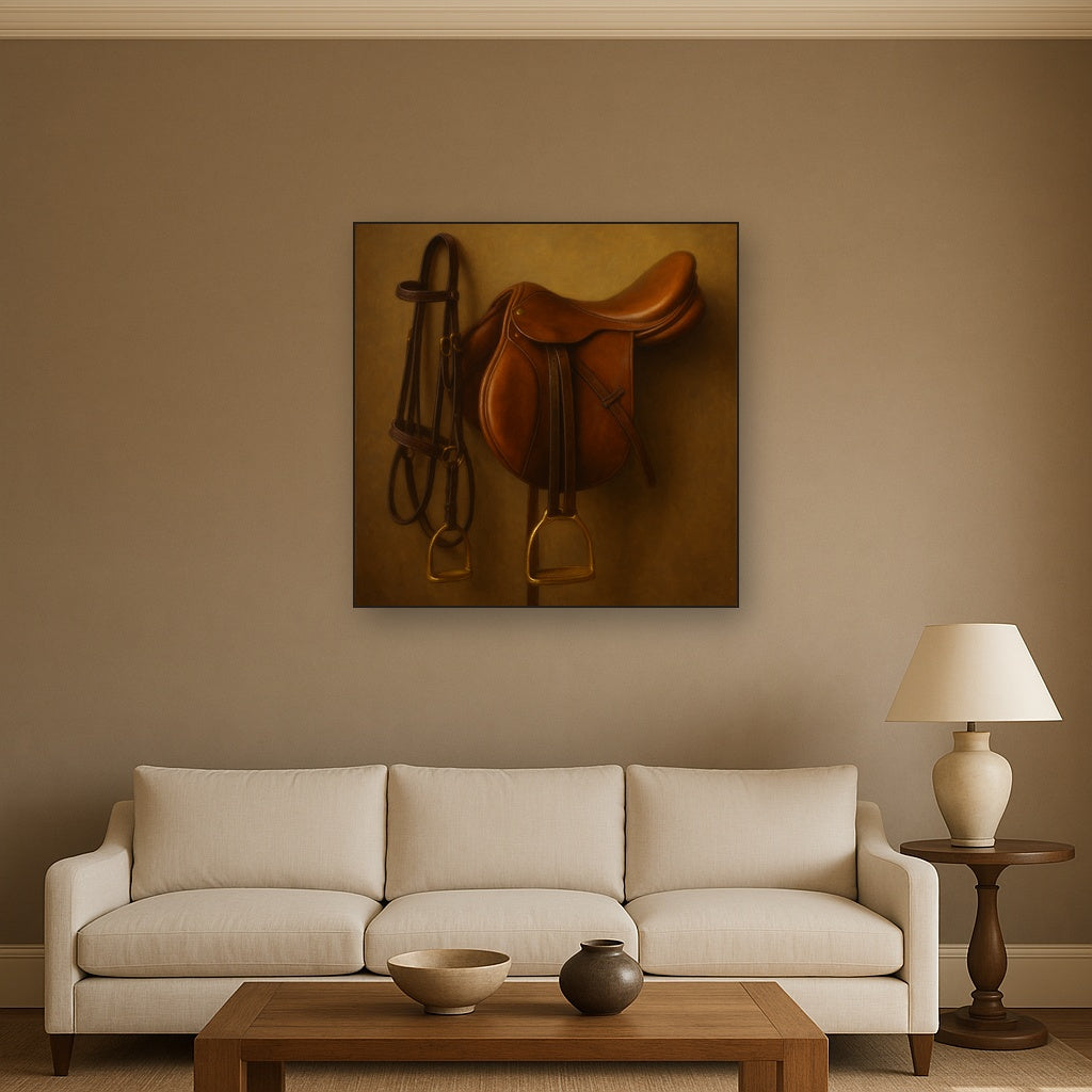 Vintage Bridle & Polished Leather Saddle No. 5 Oil Painting Staged Above Sectional Sofa in Living Room, Hand Painted Canvas Wall Art for Home Decor