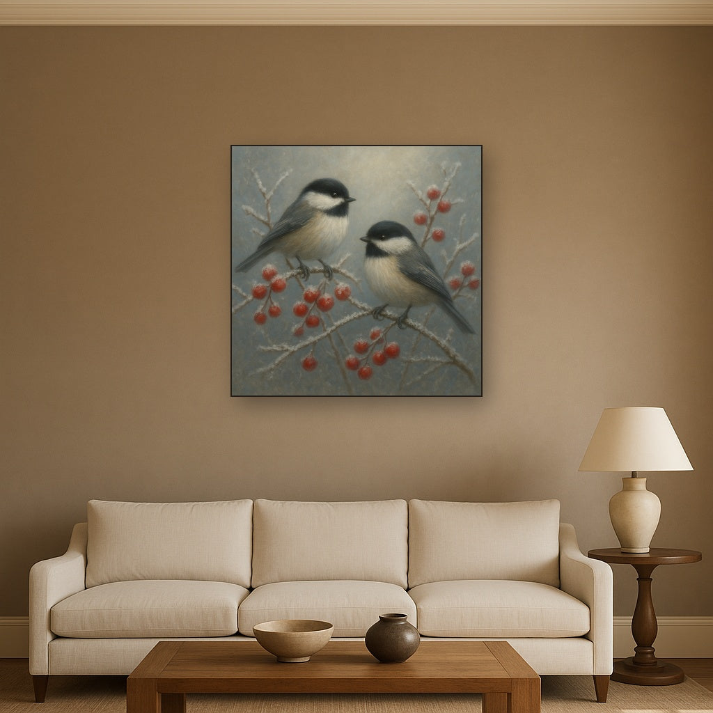 Winter Birds on Frosty Red Berry Branch No. 6 Oil Painting - View 2
