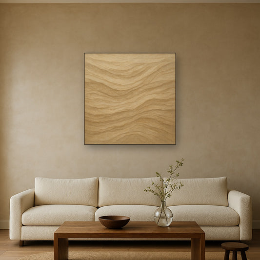 Weathered Mineral Sediments in Warm Ecru No. 15 Oil Painting Staged Above Sectional Sofa in Living Room, Hand Painted Canvas Wall Art for Home Decor