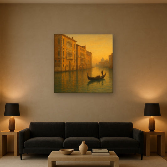 Venetian Canal Palaces at Golden Hour No. 20 Oil Painting Staged Above Sectional Sofa in Living Room, Hand Painted Canvas Wall Art for Home Decor