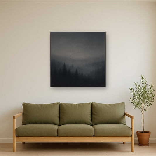 Dusk over Silent Pine Ridgeline in Charcoal Fog No. 13 Oil Painting Staged Above Sectional Sofa in Living Room, Hand Painted Canvas Wall Art for Home Decor