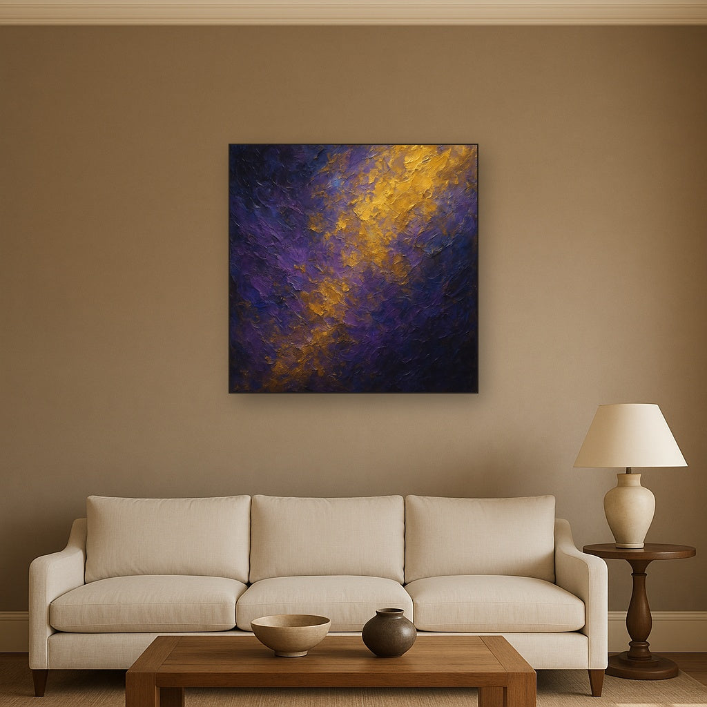 Amethyst Shadow & Celestial Gold Oil Painting - Styled in Modern Living Room