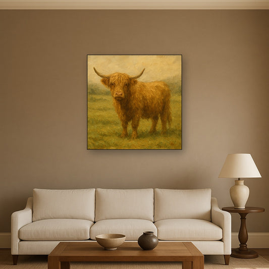 Muted Highland Cattle Pastoral Oil Painting No. 5 Oil Painting - Styled in Modern Living Room