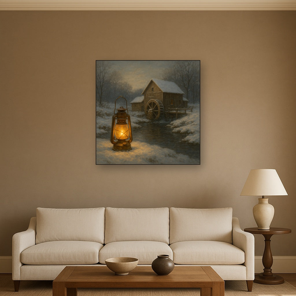 Snowy Mill Stream & Glowing Lantern No. 10 Oil Painting - View 2