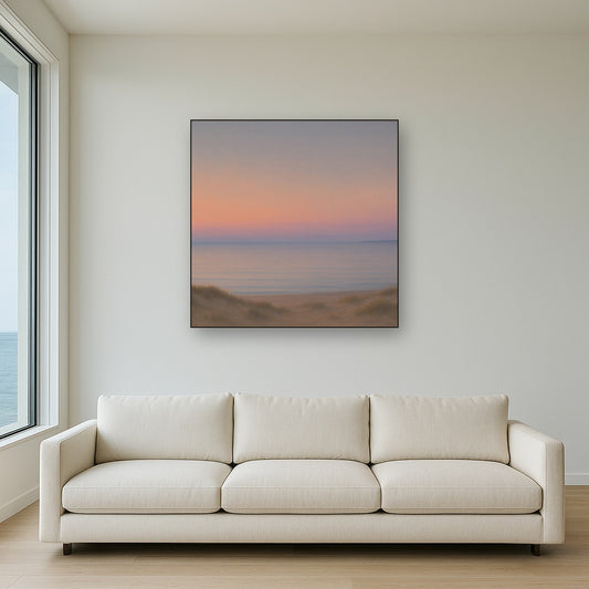 Pastel Dusk Horizon over Calm Atlantic Waters No. 7 Oil Painting Staged Above Sectional Sofa in Living Room, Hand Painted Canvas Wall Art for Home Decor