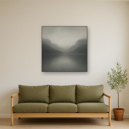 Misty Fjord Horizon in Monochromatic Slate No. 7 Oil Painting Staged Above Sectional Sofa in Living Room, Hand Painted Canvas Wall Art for Home Decor