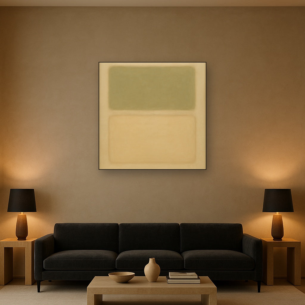Sage Olive & Pale Sandstone Minimalist Harmony No. 16 Oil Painting Staged Above Sectional Sofa in Living Room, Hand Painted Canvas Wall Art for Home Decor