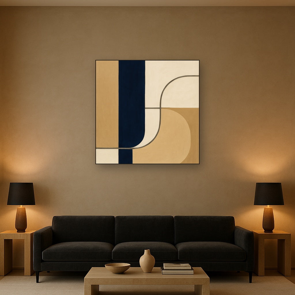 Navy & Warm Beige Geometric Line Balance No. 15 Fine Art Oil Painting - View 2