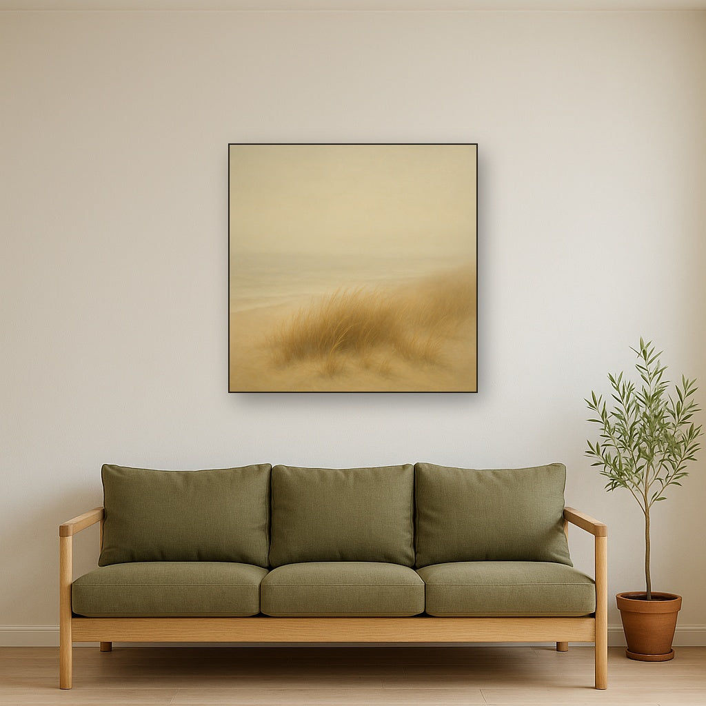 Silent Dune Grass in November Sea Fog No. 10 Oil Painting Staged Above Sectional Sofa in Living Room, Hand Painted Canvas Wall Art for Home Decor