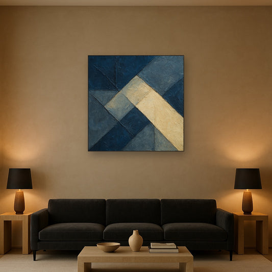 Fractured Geometry in Prussian Blue Oil Painting - View 2