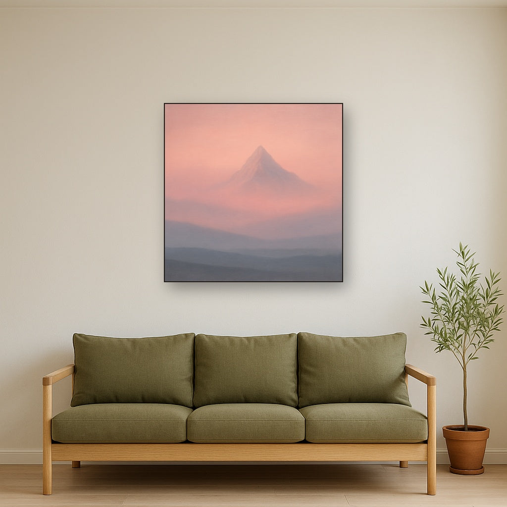 Pale Alpenglow over Distant Glacial Peak No. 25 Oil Painting Staged Above Sectional Sofa in Living Room, Hand Painted Canvas Wall Art for Home Decor