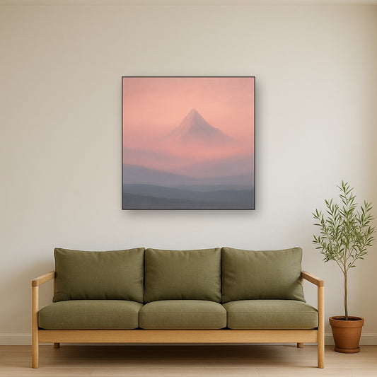 Pale Alpenglow over Distant Glacial Peak No. 25 Oil Painting Staged Above Sectional Sofa in Living Room, Hand Painted Canvas Wall Art for Home Decor