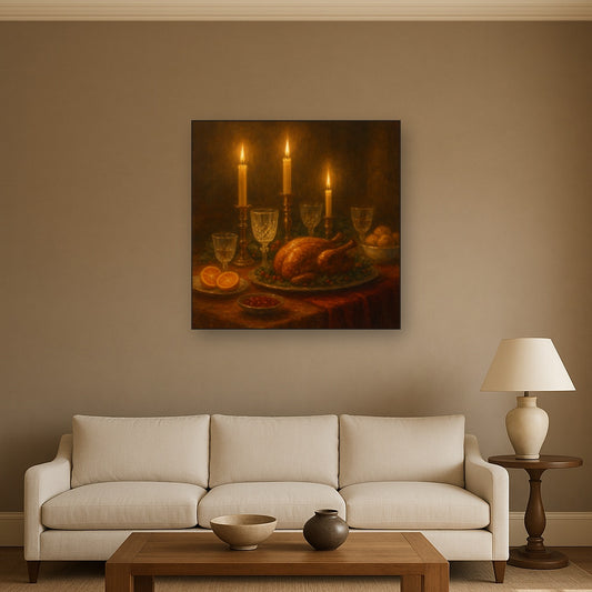 Candlelit Holiday Table & Vintage Glassware No. 10 Oil Painting Staged Above Sectional Sofa in Living Room, Hand Painted Canvas Wall Art for Home Decor