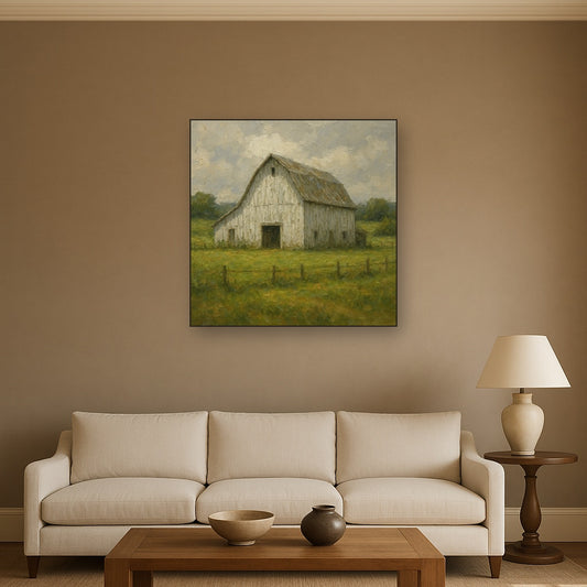 Weathered White Barn & Pasture No. 4 Oil Painting - Styled in Modern Living Room