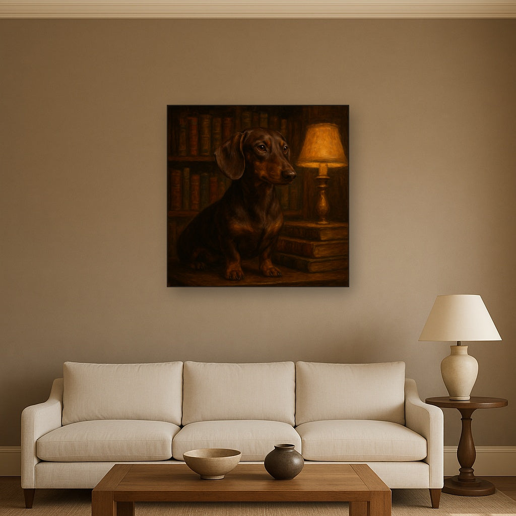 Smooth Dachshund in Moody Library Study No. 13 Fine Art Oil Painting - View 2