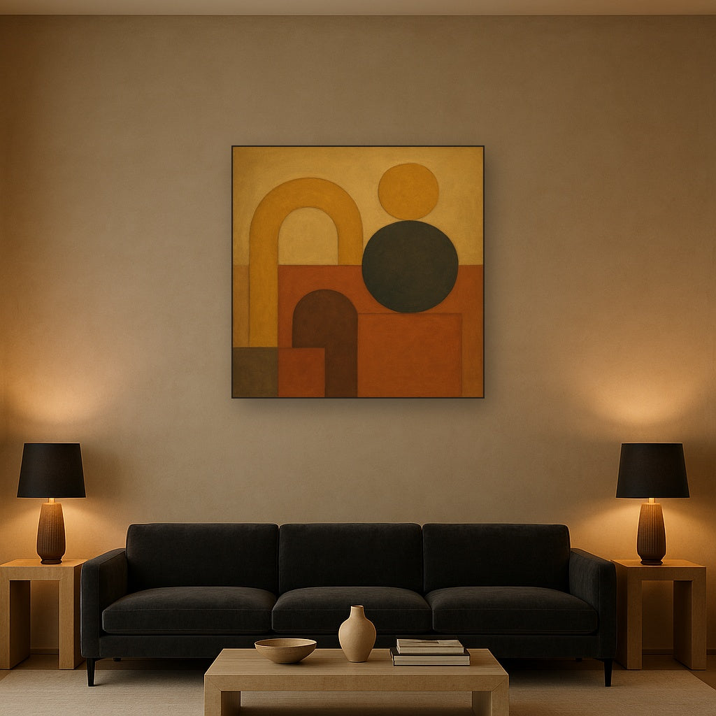 Arch & Circle Equilibrium in Warm Earth Tones No. 6 Oil Painting Staged Above Sectional Sofa in Living Room, Hand Painted Canvas Wall Art for Home Decor