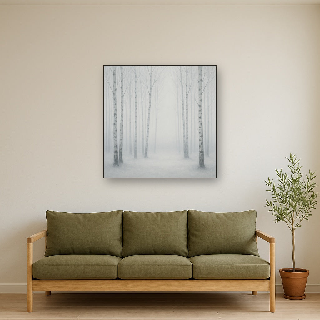 Pale Birch Woodland Silhouette in Whiteout No. 15 Oil Painting - View 2