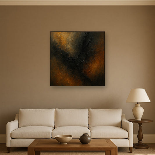 Smoky Topaz & Charred Wood Abstract No. 2 Oil Painting - Styled in Modern Living Room