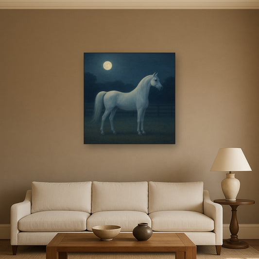 Moonlit Paddock with White Arabian Silhouette No. 15 Oil Painting Staged Above Sectional Sofa in Living Room, Hand Painted Canvas Wall Art for Home Decor