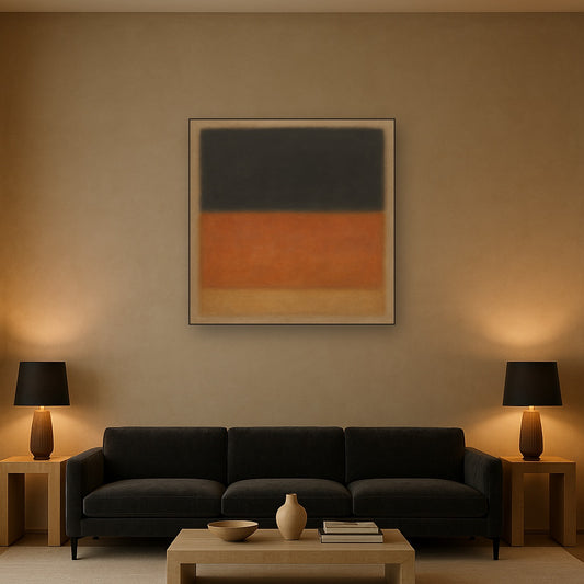 Charcoal Slate & Burnished Copper Horizon No. 24 Oil Painting Staged Above Sectional Sofa in Living Room, Hand Painted Canvas Wall Art for Home Decor