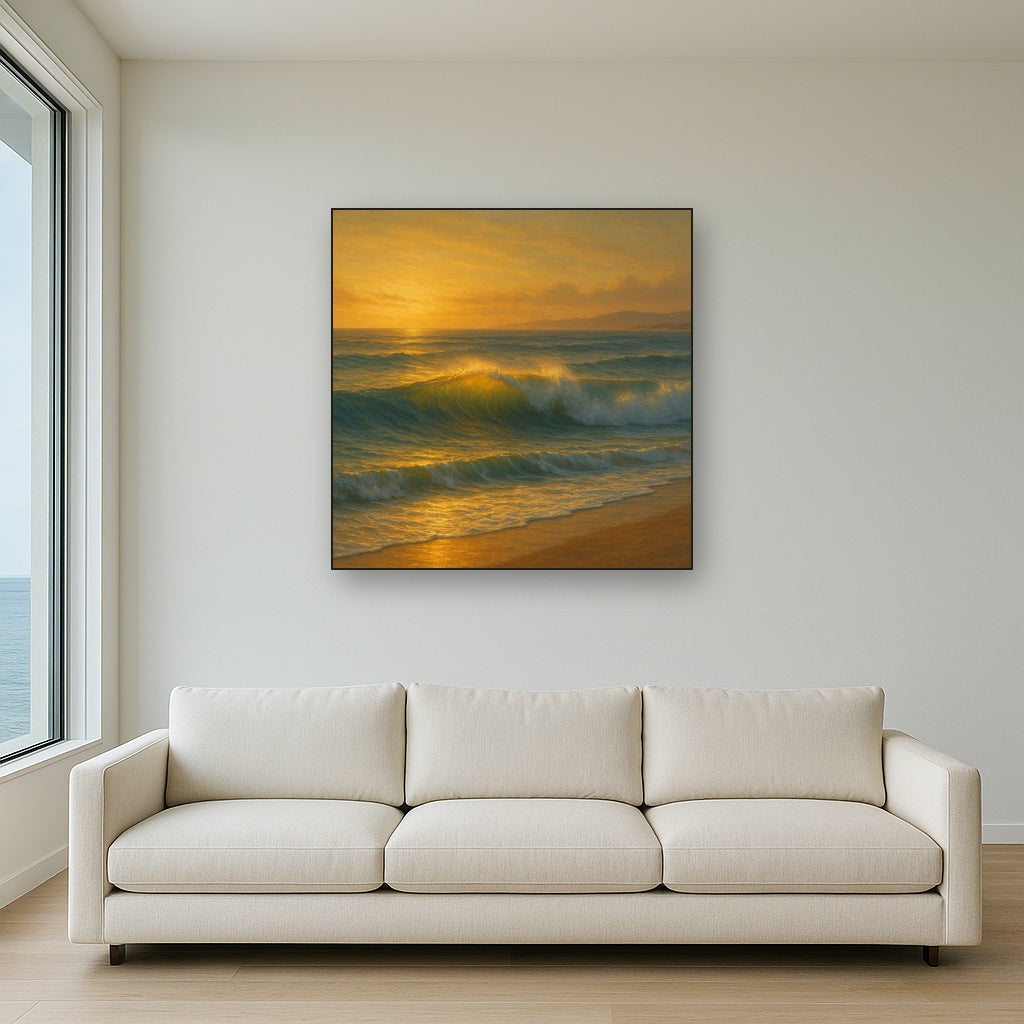 Golden Hour Sunlight on Ocean Swells No. 12 Oil Painting Staged Above Sectional Sofa in Living Room, Hand Painted Canvas Wall Art for Home Decor