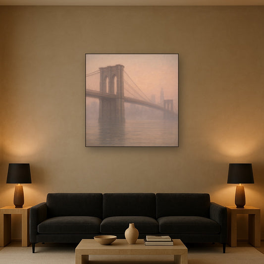 Brooklyn Bridge in Morning River Mist No. 23 Oil Painting Staged Above Sectional Sofa in Living Room, Hand Painted Canvas Wall Art for Home Decor