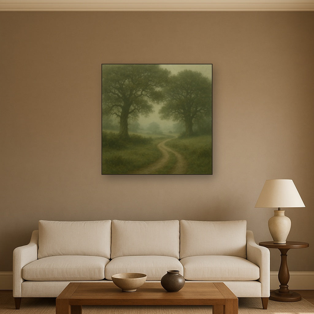 Misty English Countryside Lane No. 10 Oil Painting Staged Above Sectional Sofa in Living Room, Hand Painted Canvas Wall Art for Home Decor