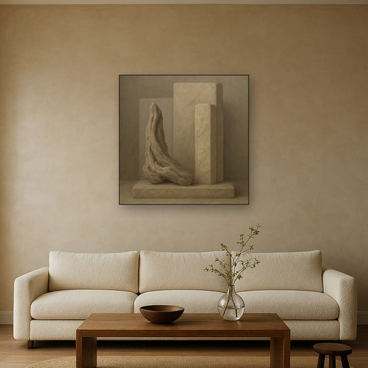 Driftwood Grey & Weathered Stone Monolith Oil Painting Staged Above Sectional Sofa in Living Room, Hand Painted Canvas Wall Art for Home Decor