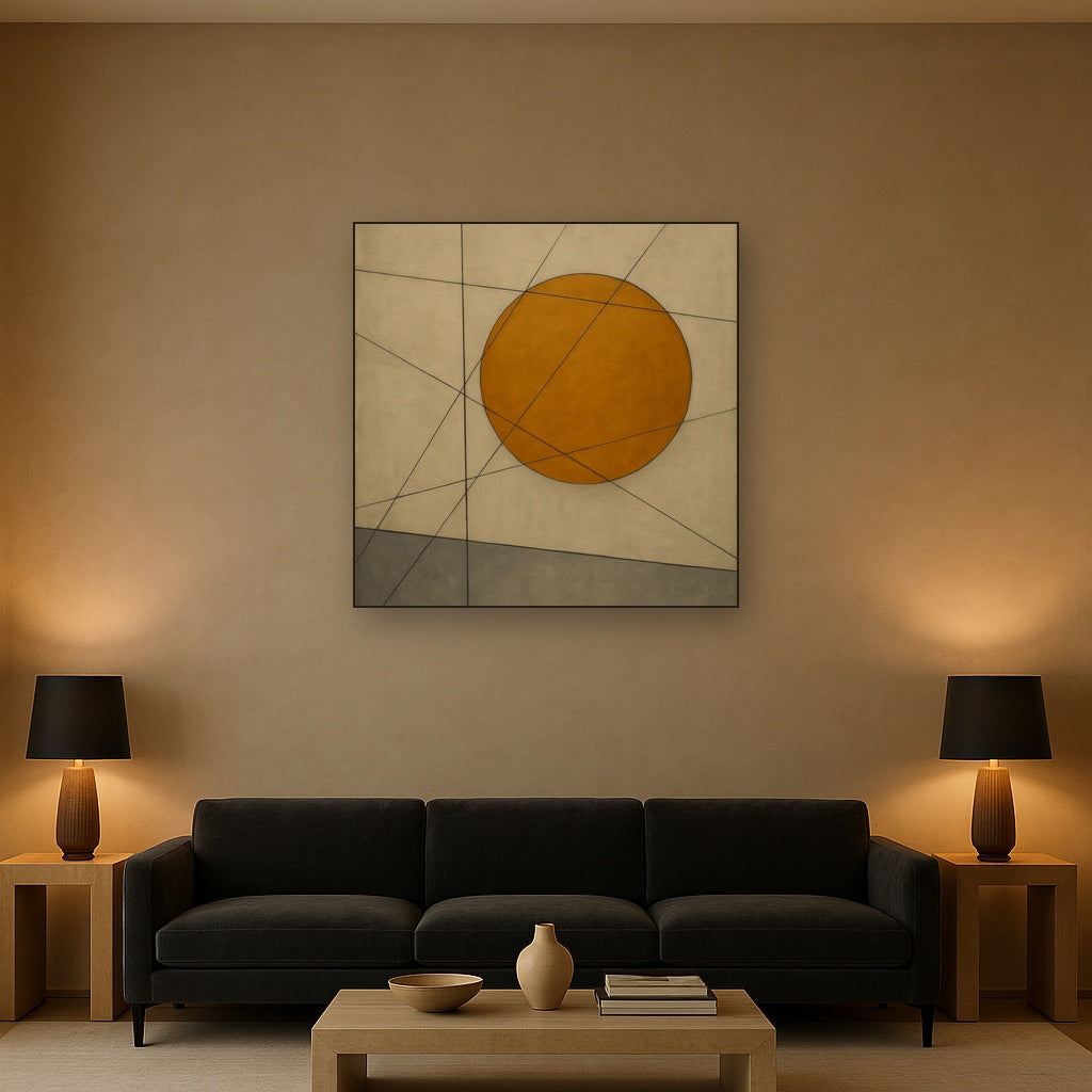Abstract Tangent Lines & Earthy Ochre Disc No. 8 Oil Painting - View 2