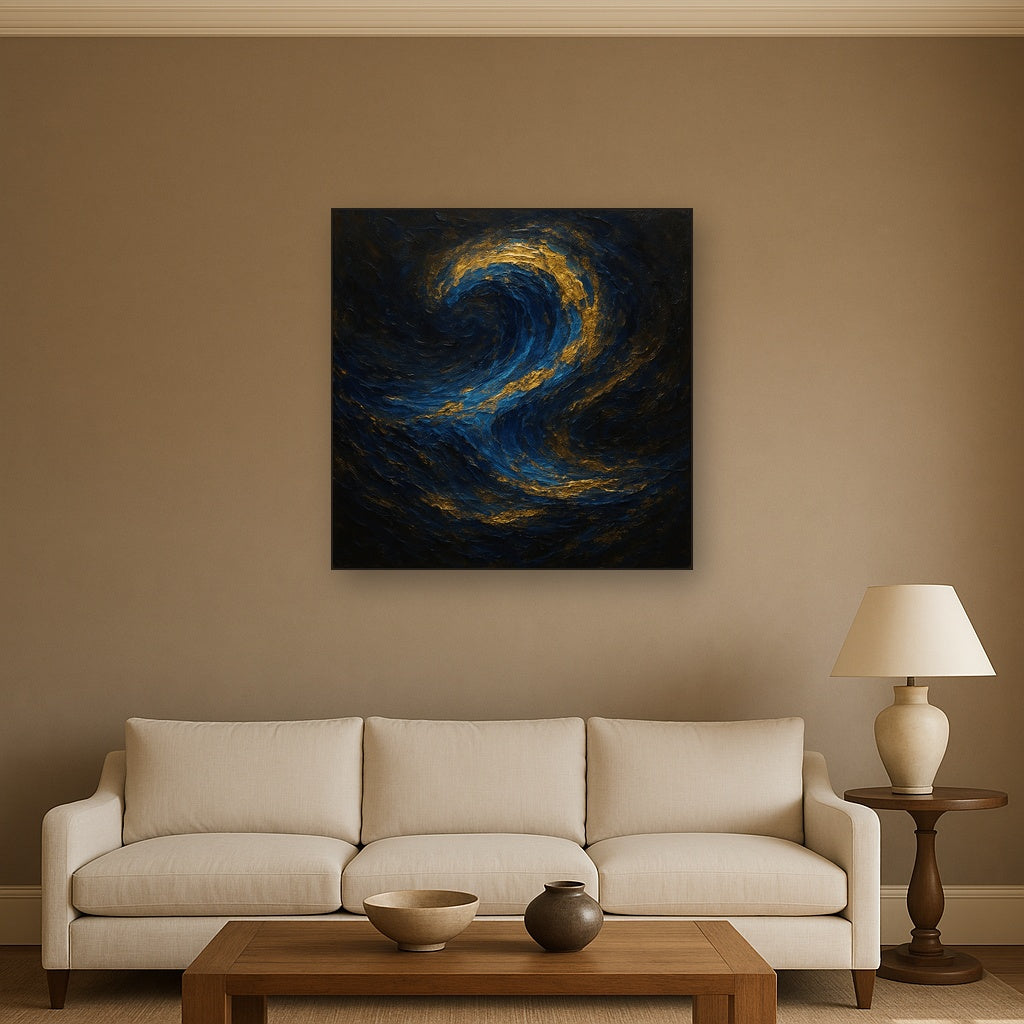 Imperial Sapphire & Midnight Wave No. 5 Oil Painting - Styled in Modern Living Room