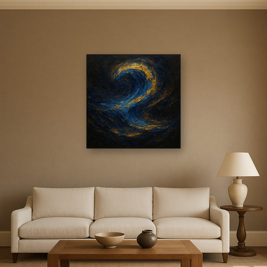 Imperial Sapphire & Midnight Wave No. 5 Oil Painting - Styled in Modern Living Room