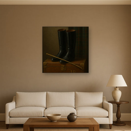 Vintage Riding Boots & Brass Crop on Trunk No. 18 Oil Painting Staged Above Sectional Sofa in Living Room, Hand Painted Canvas Wall Art for Home Decor