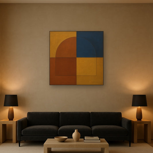 Bauhaus Quadrant Harmony in Primary Earth Tones No. 23 Oil Painting Staged Above Sectional Sofa in Living Room, Hand Painted Canvas Wall Art for Home Decor