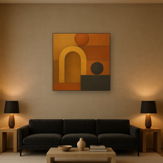Arch & Circle Equilibrium in Warm Earth Tones No. 2 Oil Painting Staged Above Sectional Sofa in Living Room, Hand Painted Canvas Wall Art for Home Decor