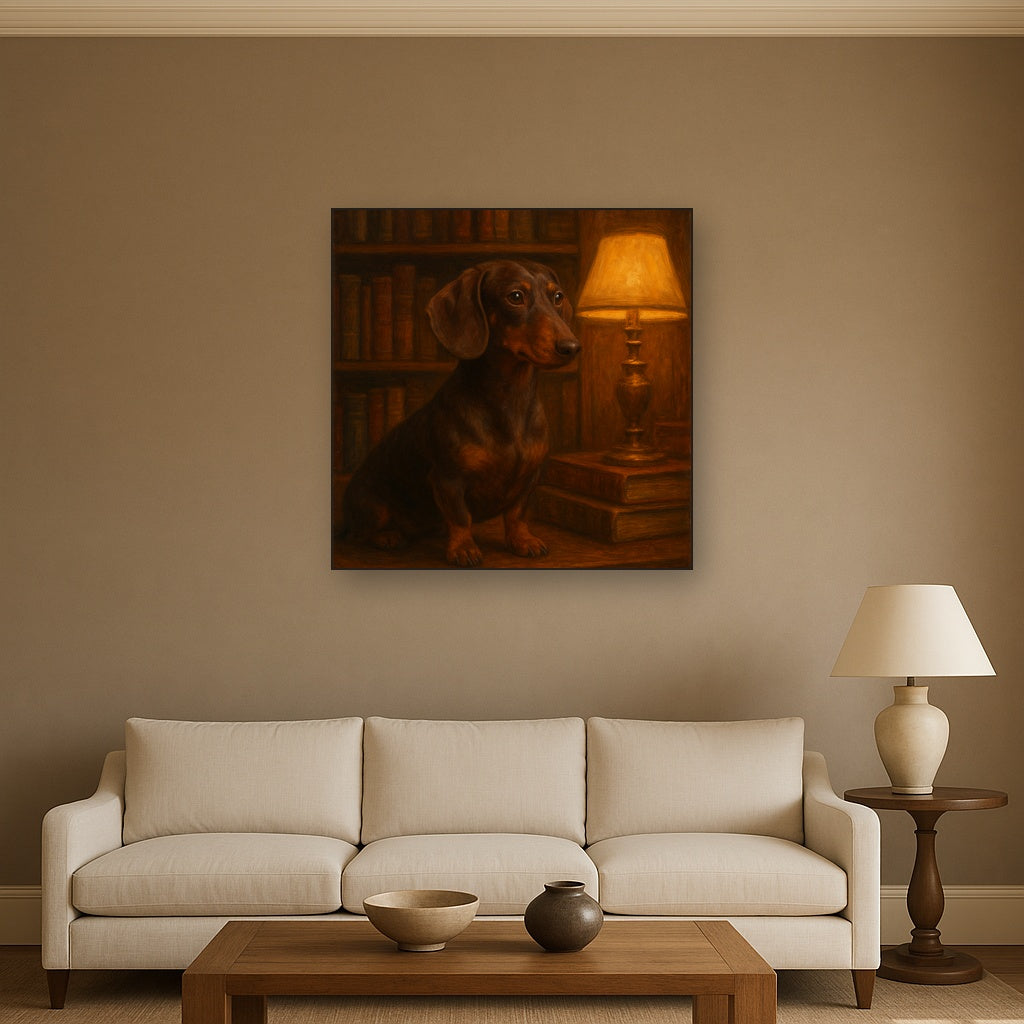 Smooth Dachshund in Moody Library Study No. 12 Fine Art Oil Painting - View 2