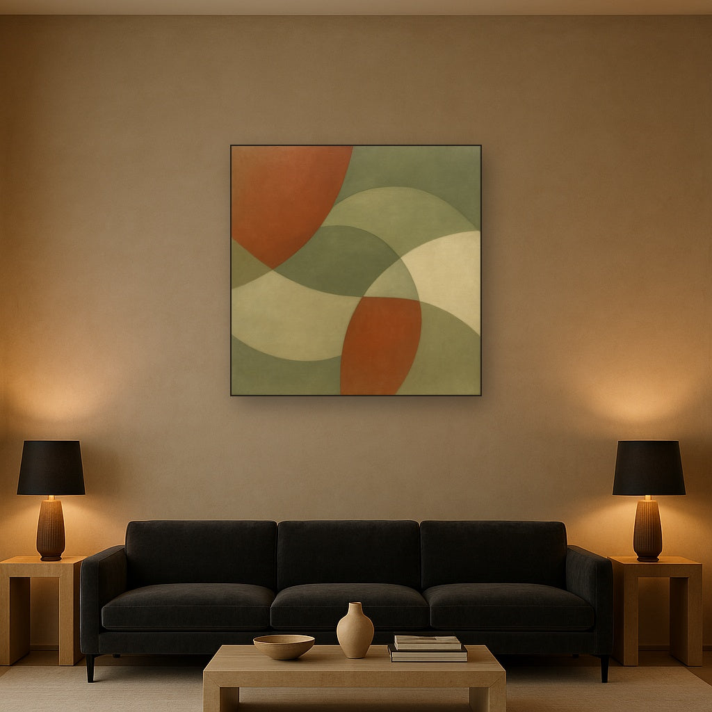 Intersecting Curved Forms in Olive & Rust Oil Painting - View 2