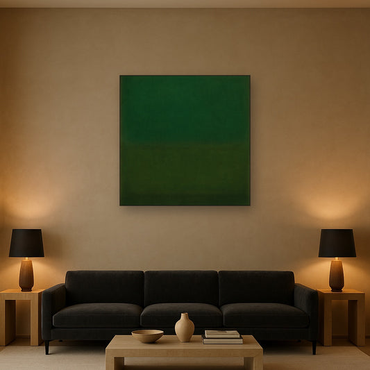 Forest Emerald & Deep Moss Contemplative Field No. 18 Oil Painting Staged Above Sectional Sofa in Living Room, Hand Painted Canvas Wall Art for Home Decor