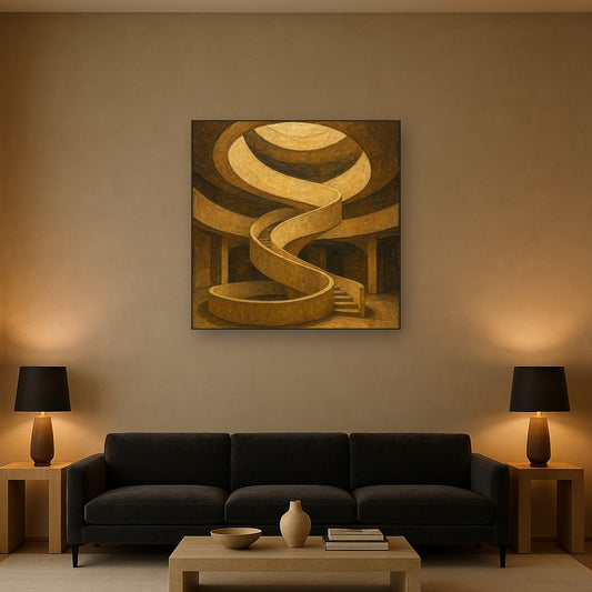 Travertine Spiral Atrium Perspective No. 6 Oil Painting - Styled in Modern Living Room