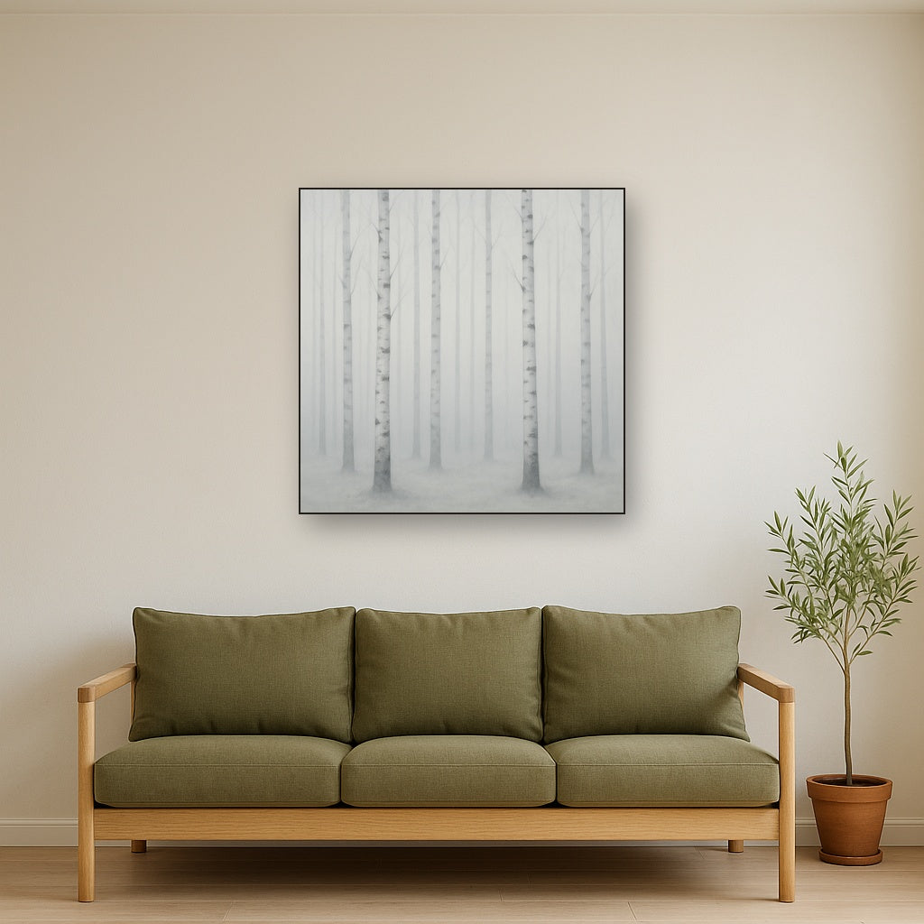 Pale Birch Woodland Silhouette in Whiteout No. 23 Oil Painting - View 2