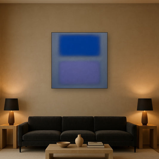 Cobalt Azure & Twilight Lavender Immersion Oil Painting Staged Above Sectional Sofa in Living Room, Hand Painted Canvas Wall Art for Home Decor