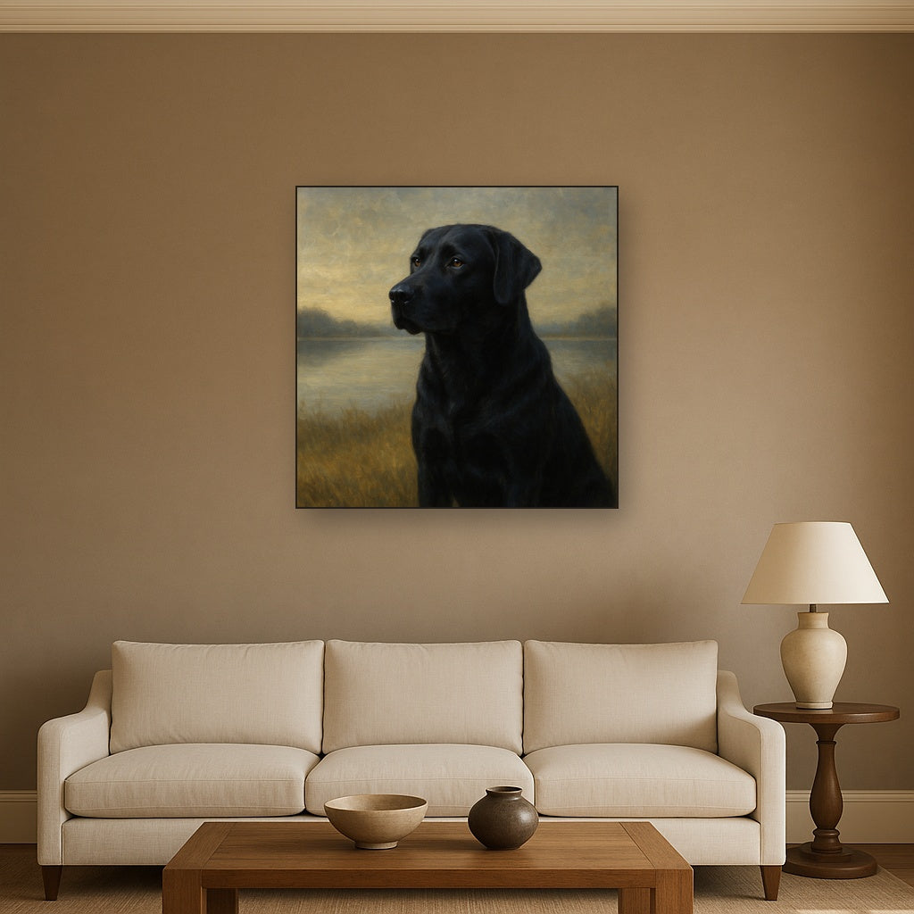 Black Labrador Retriever by Misty Lake Horizon Fine Art Oil Painting - View 2