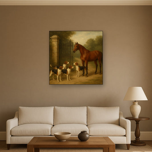 Hunting Hounds & Thoroughbred by Estate Gate No. 15 Oil Painting Staged Above Sectional Sofa in Living Room, Hand Painted Canvas Wall Art for Home Decor