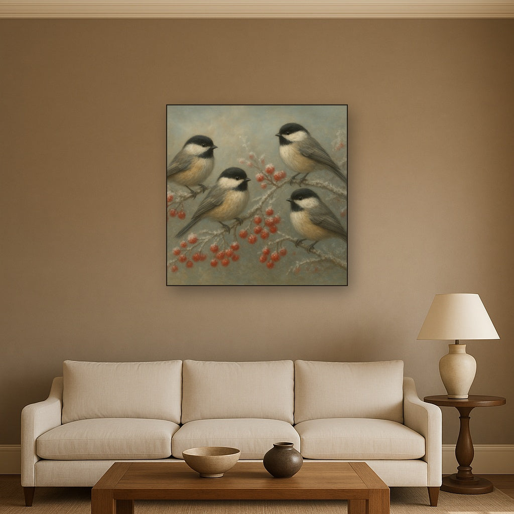 Winter Birds on Frosty Red Berry Branch No. 4 Oil Painting - View 2