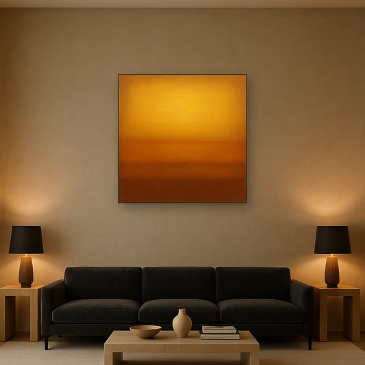 Warm Amber & Raw Sienna Sunset Meditation No. 20 Oil Painting Staged Above Sectional Sofa in Living Room, Hand Painted Canvas Wall Art for Home Decor