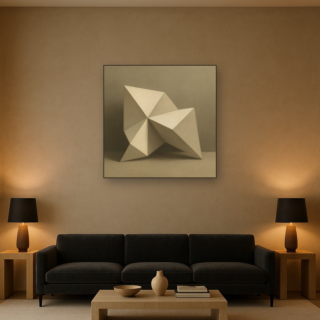 Folded Paper Geometry in Neutral Gradient Shadows No. 9 Oil Painting Staged Above Sectional Sofa in Living Room, Hand Painted Canvas Wall Art for Home Decor