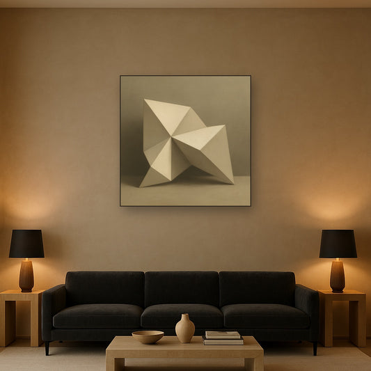 Folded Paper Geometry in Neutral Gradient Shadows No. 9 Oil Painting Staged Above Sectional Sofa in Living Room, Hand Painted Canvas Wall Art for Home Decor