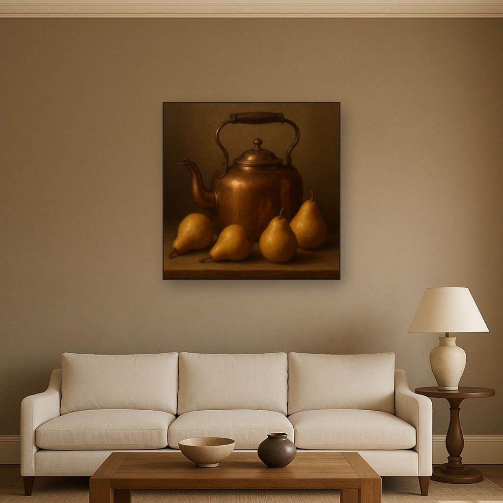 Antique Copper Kettle & Orchard Pears Oil Painting - View 2
