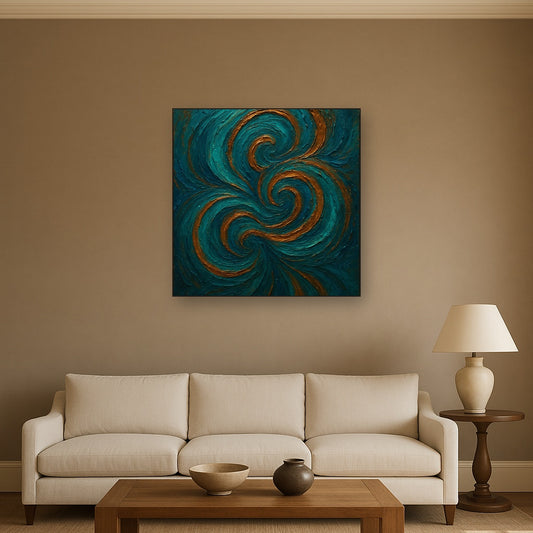 Peacock Teal & Liquid Copper Swirl Oil Painting - Styled in Modern Living Room