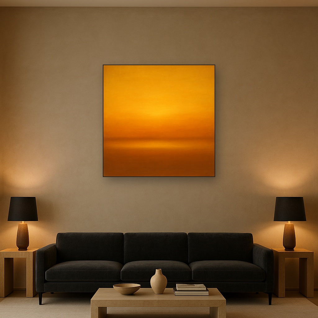 Warm Amber & Raw Sienna Sunset Meditation No. 25 Oil Painting Staged Above Sectional Sofa in Living Room, Hand Painted Canvas Wall Art for Home Decor