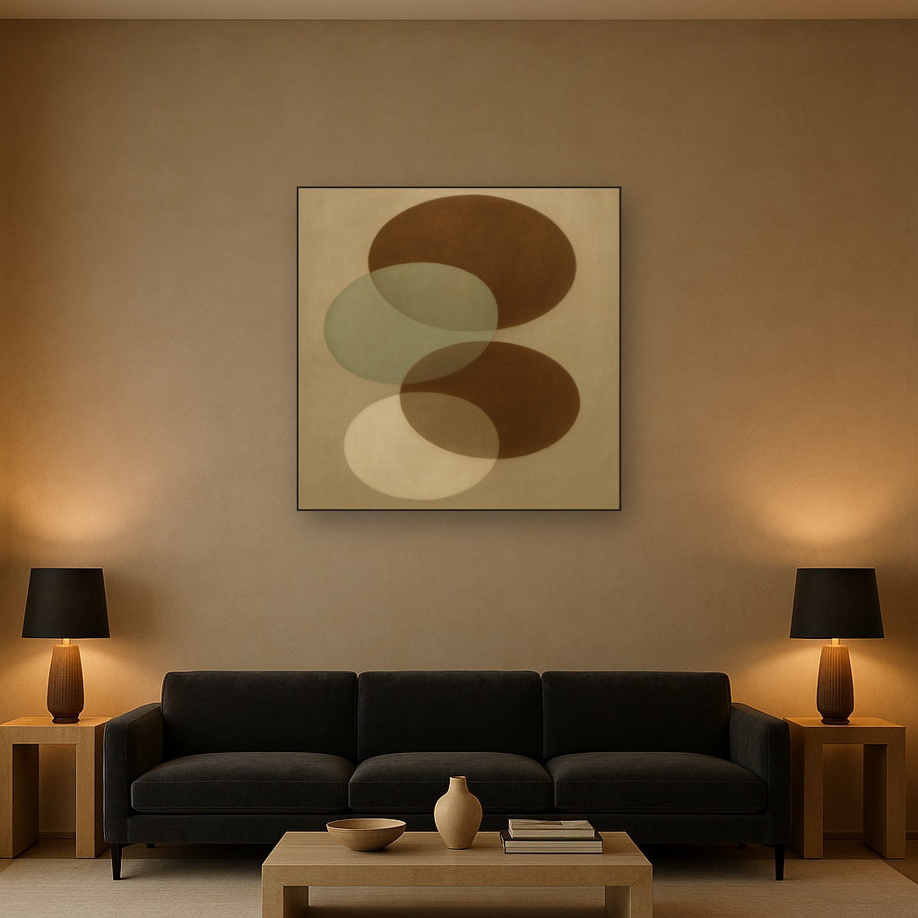 Floating Ellipse Harmony in Walnut & Pale Sage No. 3 Oil Painting - View 2